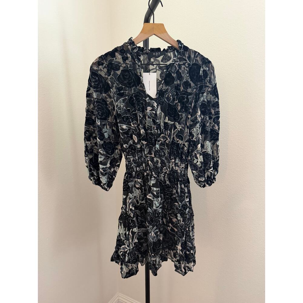 NWT $140 New O.P.T velvet chiffon dress floral black & gray sz Small - Picture 2 of 7